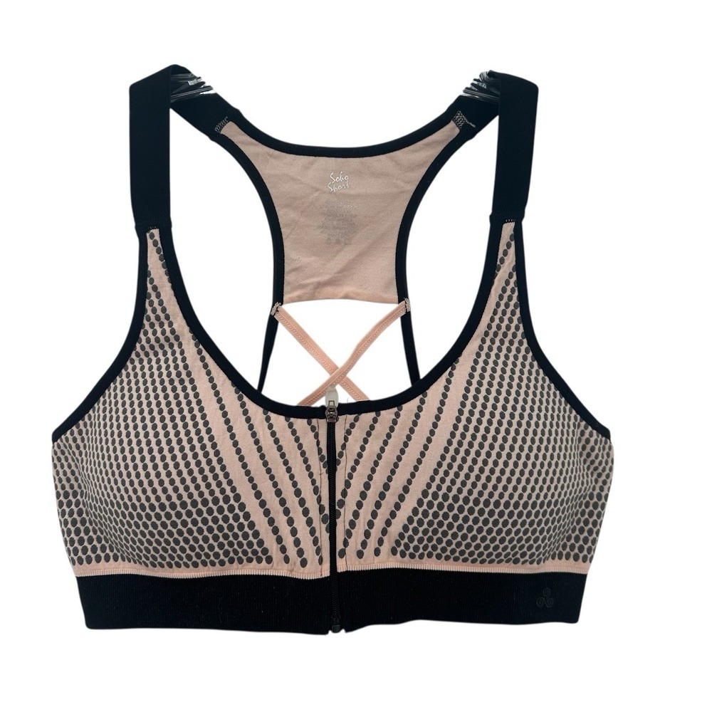 Soho Sport Women L Zip Front Sports Bra Peach Black Geometric Dot Racerback
